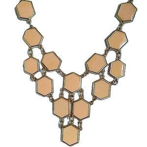 Geometric Pastel Pink-Salmon? Gold-tone Hexagonal Statement Necklace NWOT